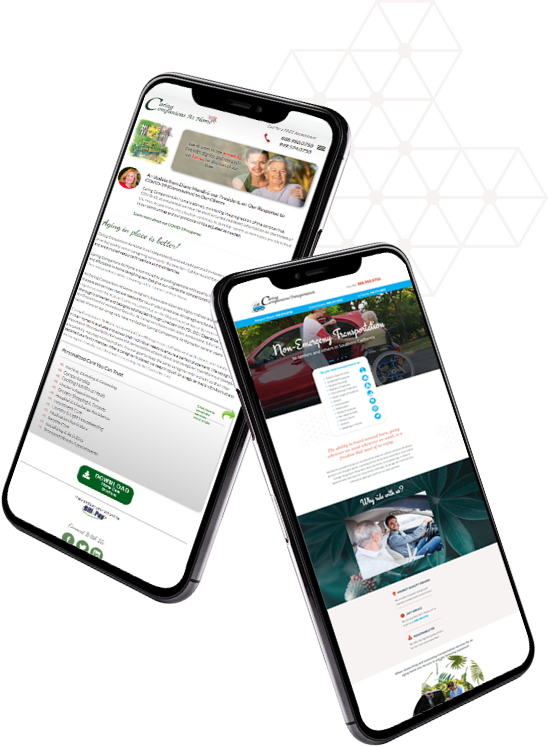 Two cellphones, one showing the Caring Companions at Home website and the other showing this website.